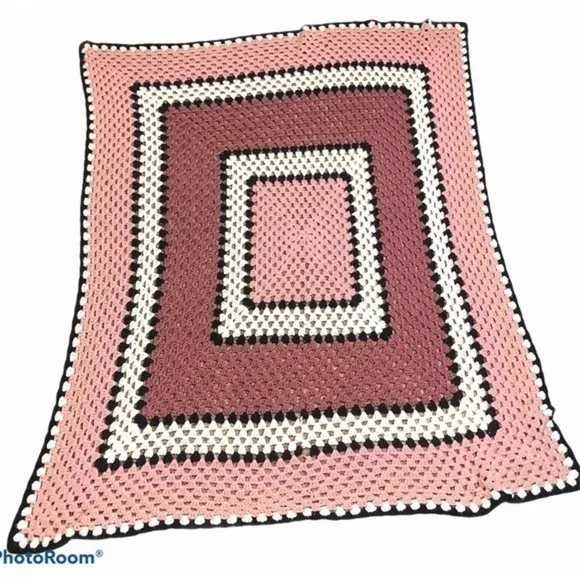 Home made pink white black afghan crochet blanket